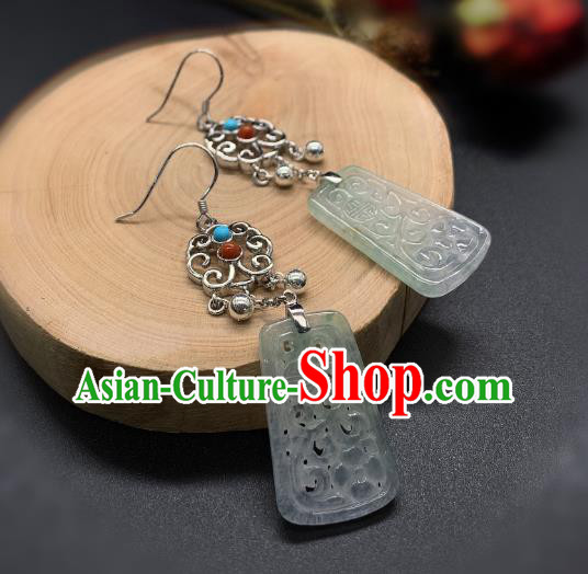 China Traditional Wedding Silver Ear Accessories National Cheongsam Jade Carving Earrings Jewelry
