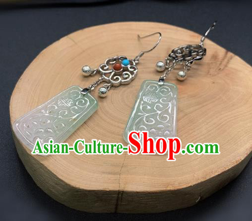 China Traditional Wedding Silver Ear Accessories National Cheongsam Jade Carving Earrings Jewelry
