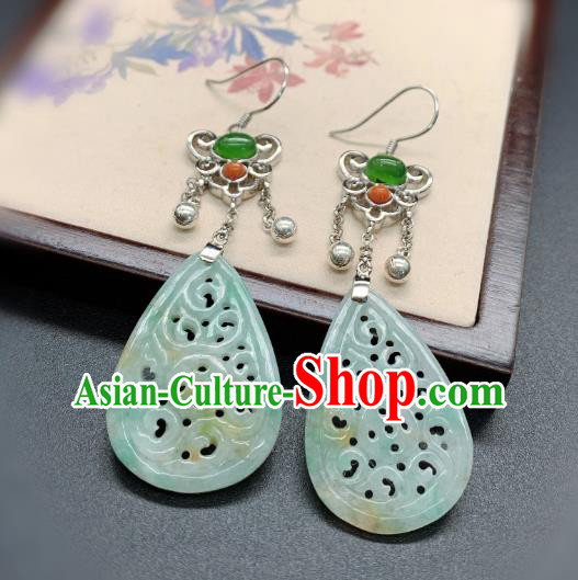 China Traditional Jadeite Carving Ear Accessories National Cheongsam Silver Earrings Jewelry