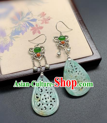 China Traditional Jadeite Carving Ear Accessories National Cheongsam Silver Earrings Jewelry