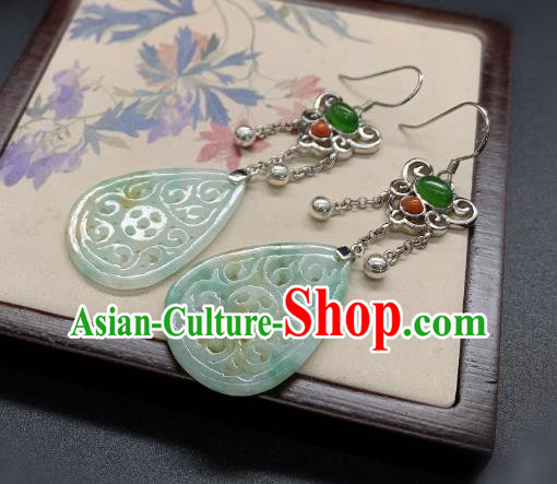 China Traditional Jadeite Carving Ear Accessories National Cheongsam Silver Earrings Jewelry