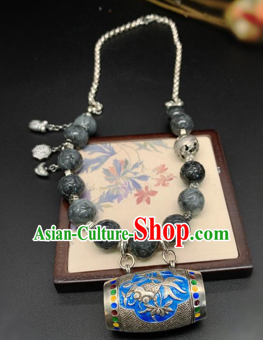 Handmade Chinese Black Jade Necklace Accessories National Blueing Fish Lotus Necklet Pendant