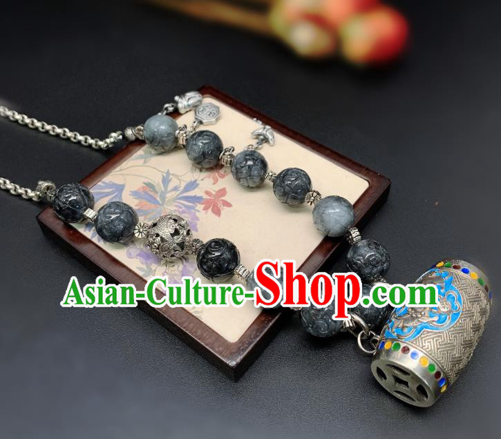 Handmade Chinese Black Jade Necklace Accessories National Blueing Fish Lotus Necklet Pendant