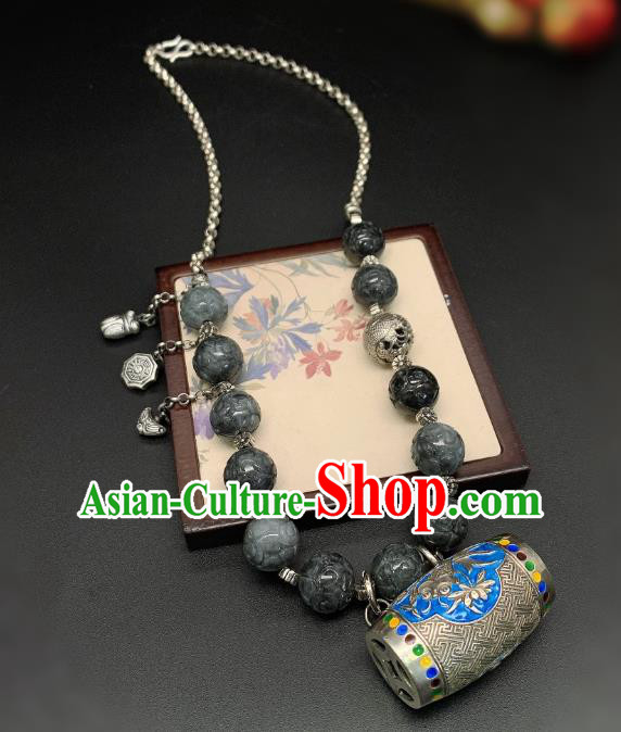Handmade Chinese Black Jade Necklace Accessories National Blueing Fish Lotus Necklet Pendant