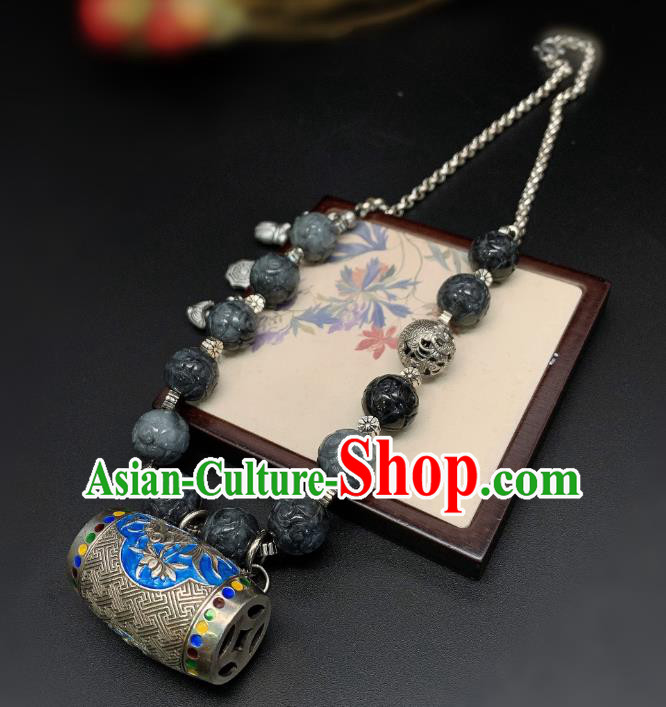Handmade Chinese Black Jade Necklace Accessories National Blueing Fish Lotus Necklet Pendant