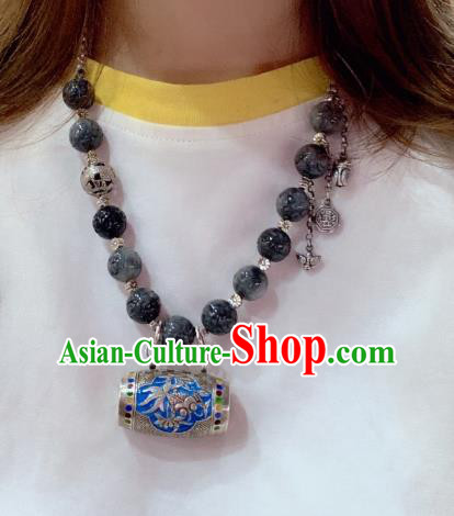 Handmade Chinese Black Jade Necklace Accessories National Blueing Fish Lotus Necklet Pendant
