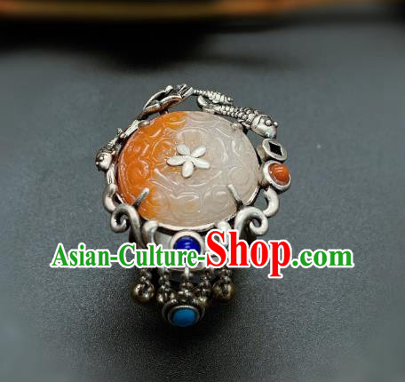 Chinese Handmade Silver Fish Ring National Agate Carving Circlet Jewelry