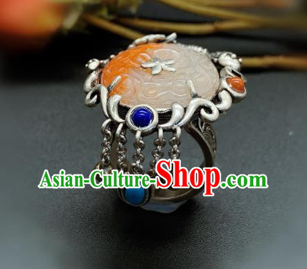 Chinese Handmade Silver Fish Ring National Agate Carving Circlet Jewelry