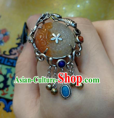 Chinese Handmade Silver Fish Ring National Agate Carving Circlet Jewelry