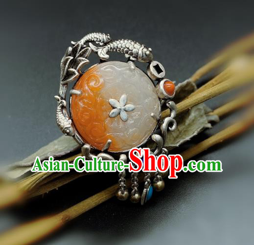 Chinese Handmade Silver Fish Ring National Agate Carving Circlet Jewelry