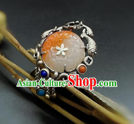 Chinese Handmade Silver Fish Ring National Agate Carving Circlet Jewelry