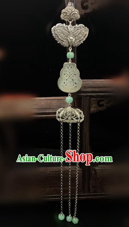 Handmade Chinese Silver Butterfly Brooch Accessories National Jade Gourd Tassel Pendant