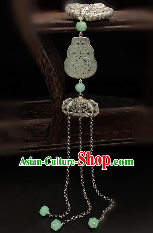 Handmade Chinese Silver Butterfly Brooch Accessories National Jade Gourd Tassel Pendant
