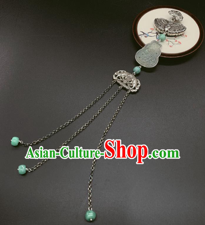 Handmade Chinese Silver Butterfly Brooch Accessories National Jade Gourd Tassel Pendant