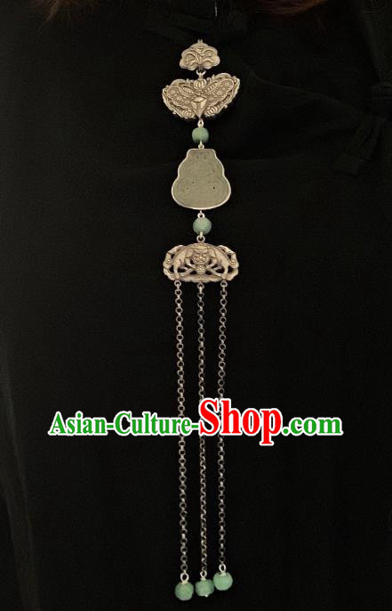 Handmade Chinese Silver Butterfly Brooch Accessories National Jade Gourd Tassel Pendant