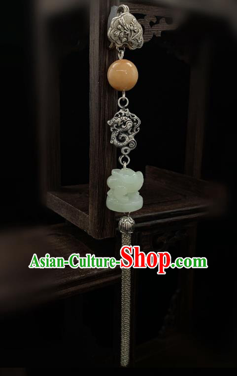 Handmade Chinese Silver Dragon Brooch Accessories National Jade Tassel Pendant