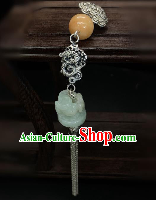 Handmade Chinese Silver Dragon Brooch Accessories National Jade Tassel Pendant