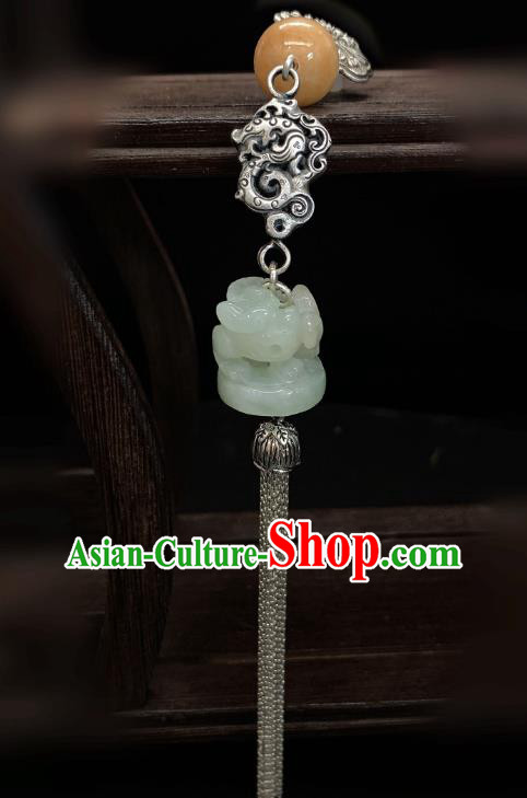 Handmade Chinese Silver Dragon Brooch Accessories National Jade Tassel Pendant