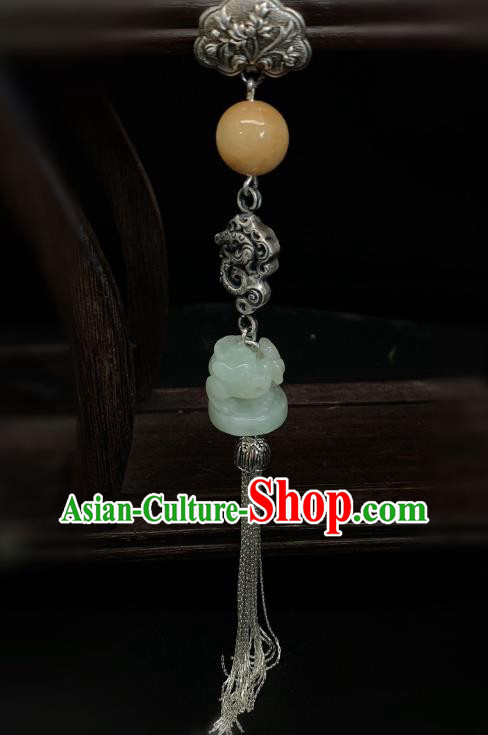 Handmade Chinese Silver Dragon Brooch Accessories National Jade Tassel Pendant