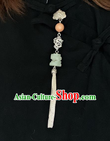 Handmade Chinese Silver Dragon Brooch Accessories National Jade Tassel Pendant