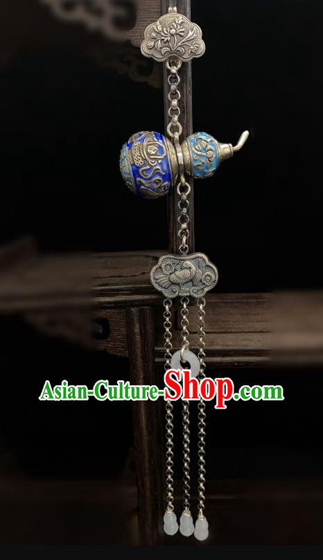 Handmade Chinese Blueing Silver Gourd Accessories National Jade Tassel Brooch Pendant