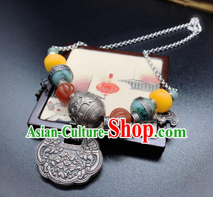Handmade Chinese National Silver Lock Wristlet Accessories Wedding Agate Beeswax Bracelet