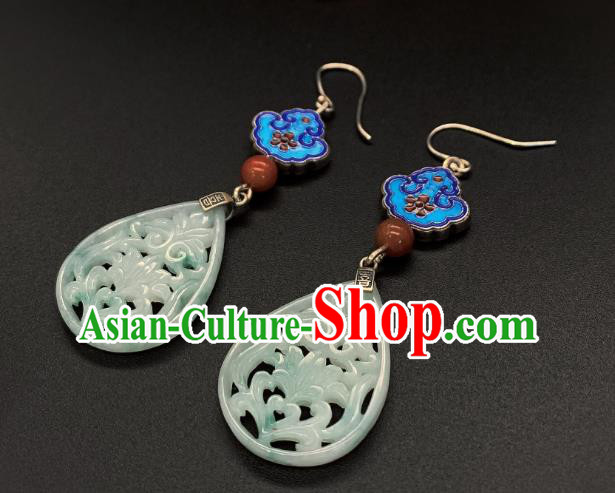 China Traditional Blueing Ear Accessories National Cheongsam Jade Carving Lotus Earrings Jewelry