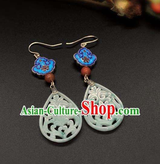 China Traditional Blueing Ear Accessories National Cheongsam Jade Carving Lotus Earrings Jewelry