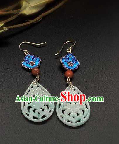 China Traditional Blueing Ear Accessories National Cheongsam Jade Carving Lotus Earrings Jewelry