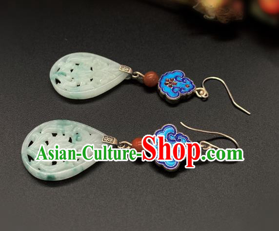 China Traditional Blueing Ear Accessories National Cheongsam Jade Carving Lotus Earrings Jewelry