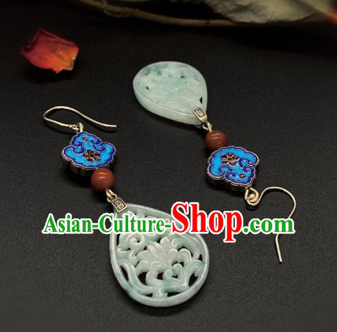 China Traditional Blueing Ear Accessories National Cheongsam Jade Carving Lotus Earrings Jewelry