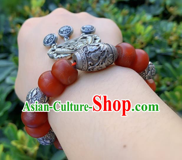 Handmade Chinese National Agate Beads Wristlet Accessories Wedding Silver Bucket Bracelet