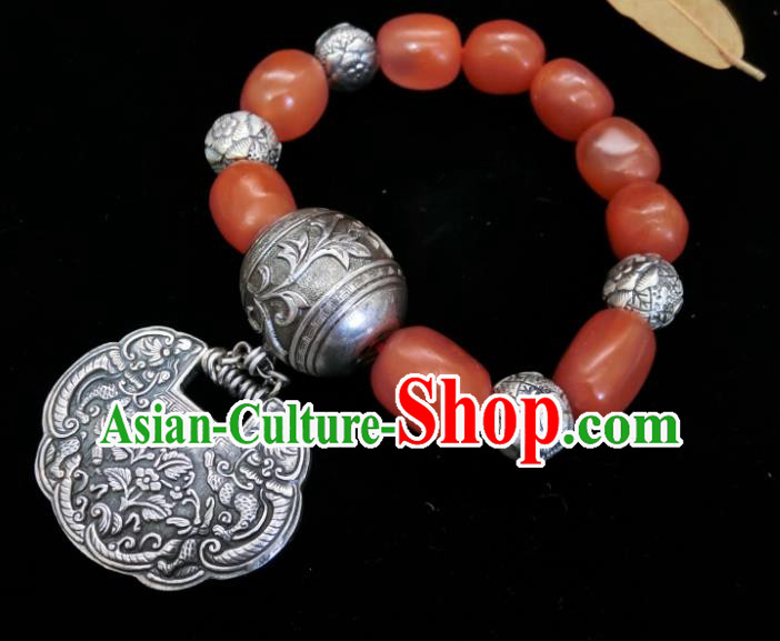 Handmade Chinese Wedding Silver Lock Bracelet National Agate Beads Wristlet Accessories