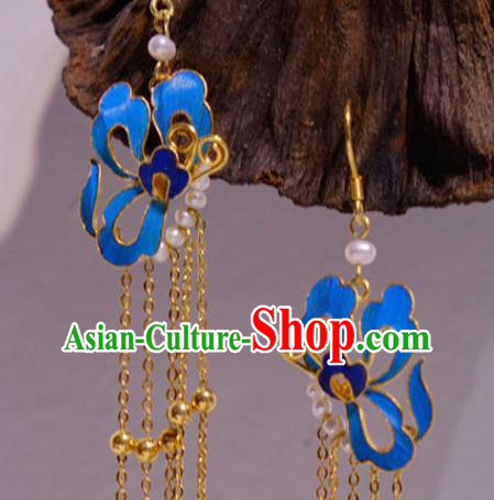Chinese Traditional Blueing Butterfly Earrings Culture Jewelry Cheongsam Golden Tassel Ear Accessories