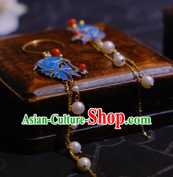 Chinese Cheongsam Pearls Tassel Ear Accessories Traditional Culture Jewelry Blueing Fish Earrings