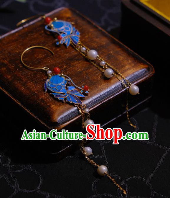 Chinese Cheongsam Pearls Tassel Ear Accessories Traditional Culture Jewelry Blueing Fish Earrings