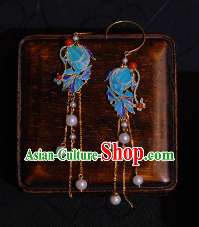 Chinese Cheongsam Pearls Tassel Ear Accessories Traditional Culture Jewelry Blueing Fish Earrings