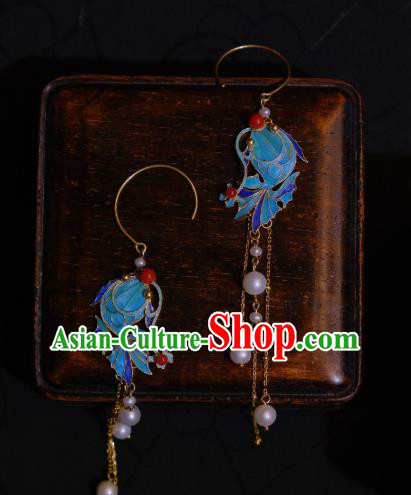 Chinese Cheongsam Pearls Tassel Ear Accessories Traditional Culture Jewelry Blueing Fish Earrings