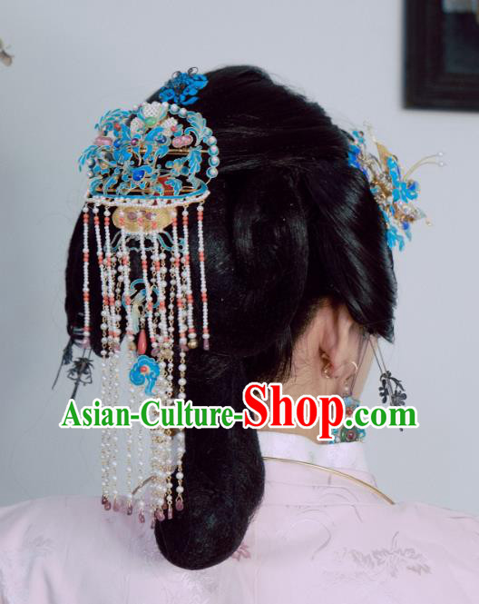 Chinese Traditional Hair Jewelry Blueing Hairpin Ancient Ming Dynasty Empress Pearls Tassel Hair Comb