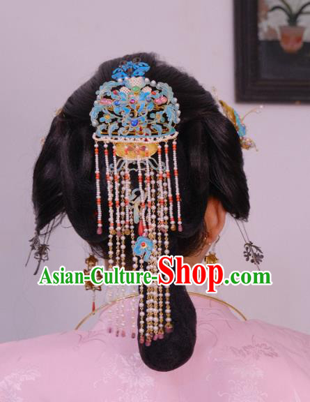 Chinese Traditional Hair Jewelry Blueing Hairpin Ancient Ming Dynasty Empress Pearls Tassel Hair Comb