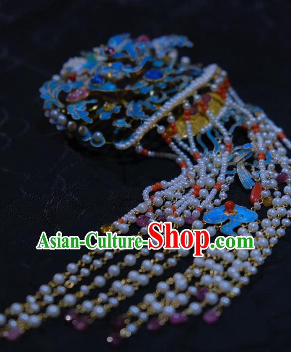 Chinese Traditional Hair Jewelry Blueing Hairpin Ancient Ming Dynasty Empress Pearls Tassel Hair Comb