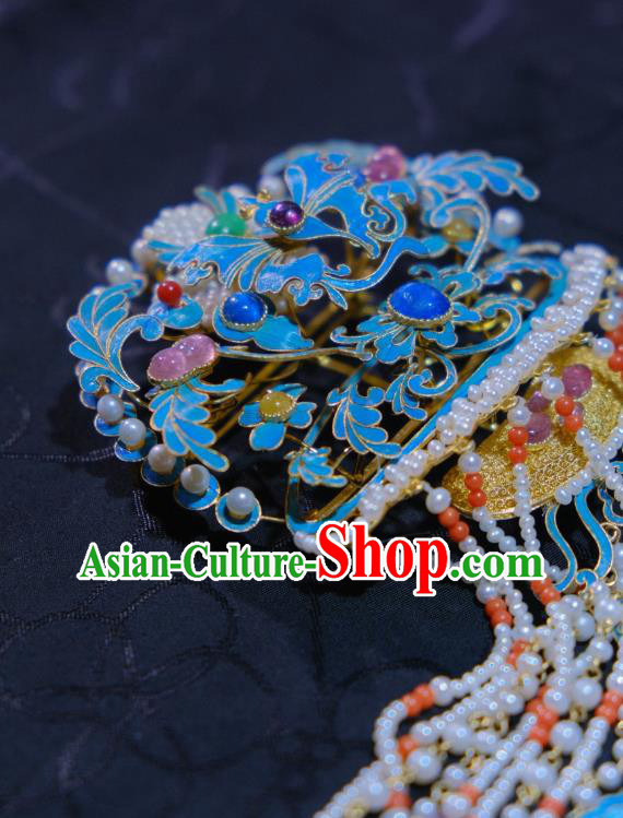 Chinese Traditional Hair Jewelry Blueing Hairpin Ancient Ming Dynasty Empress Pearls Tassel Hair Comb
