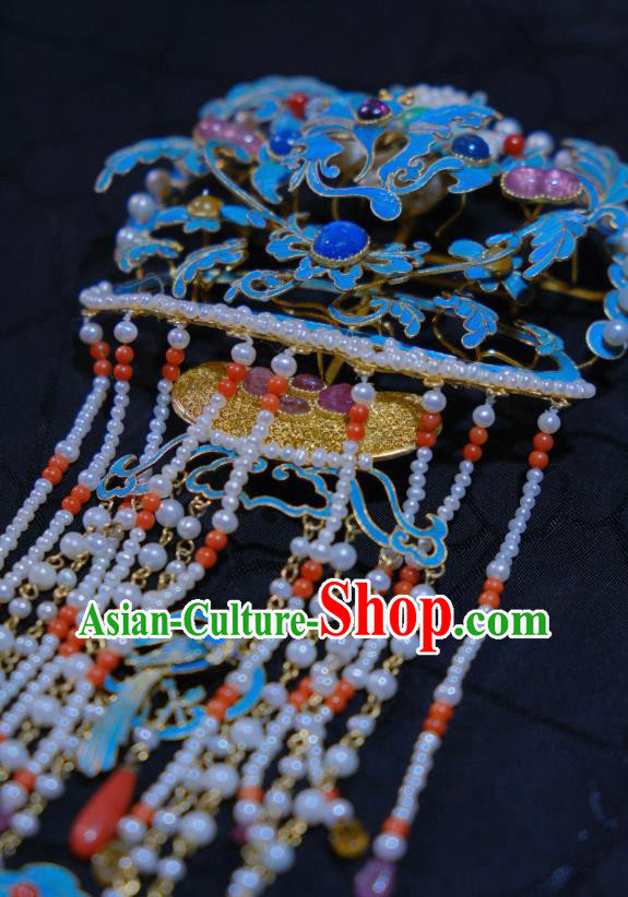 Chinese Traditional Hair Jewelry Blueing Hairpin Ancient Ming Dynasty Empress Pearls Tassel Hair Comb