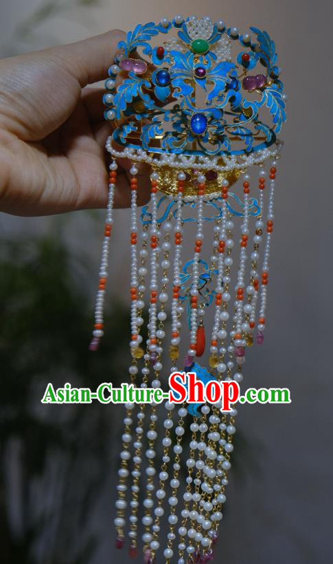 Chinese Traditional Hair Jewelry Blueing Hairpin Ancient Ming Dynasty Empress Pearls Tassel Hair Comb