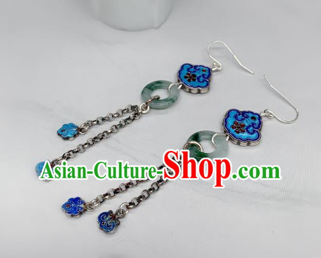 China Traditional Blueing Silver Ear Accessories National Cheongsam Jade Peace Buckle Earrings Jewelry