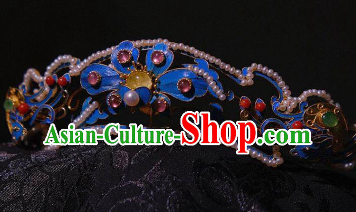 Chinese Ancient Ming Dynasty Empress Tourmaline Hair Crown Traditional Hair Jewelry Pearls Hairpin