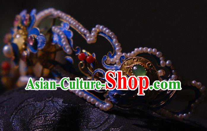 Chinese Ancient Ming Dynasty Empress Tourmaline Hair Crown Traditional Hair Jewelry Pearls Hairpin