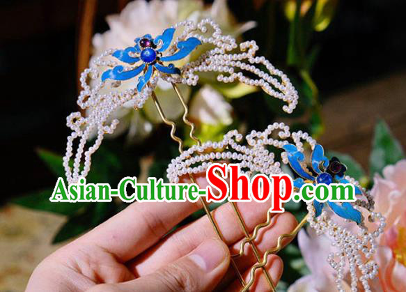 Chinese Traditional Hair Jewelry Pearls Hairpin Ancient Qing Dynasty Empress Blueing Lotus Hair Stick