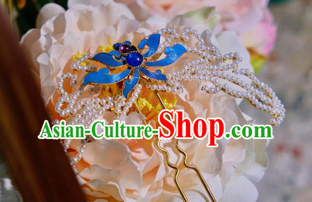 Chinese Traditional Hair Jewelry Pearls Hairpin Ancient Qing Dynasty Empress Blueing Lotus Hair Stick