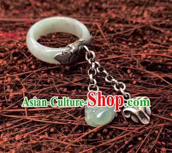 Chinese Handmade White Jade Ring National Silver Tassel Circlet Jewelry